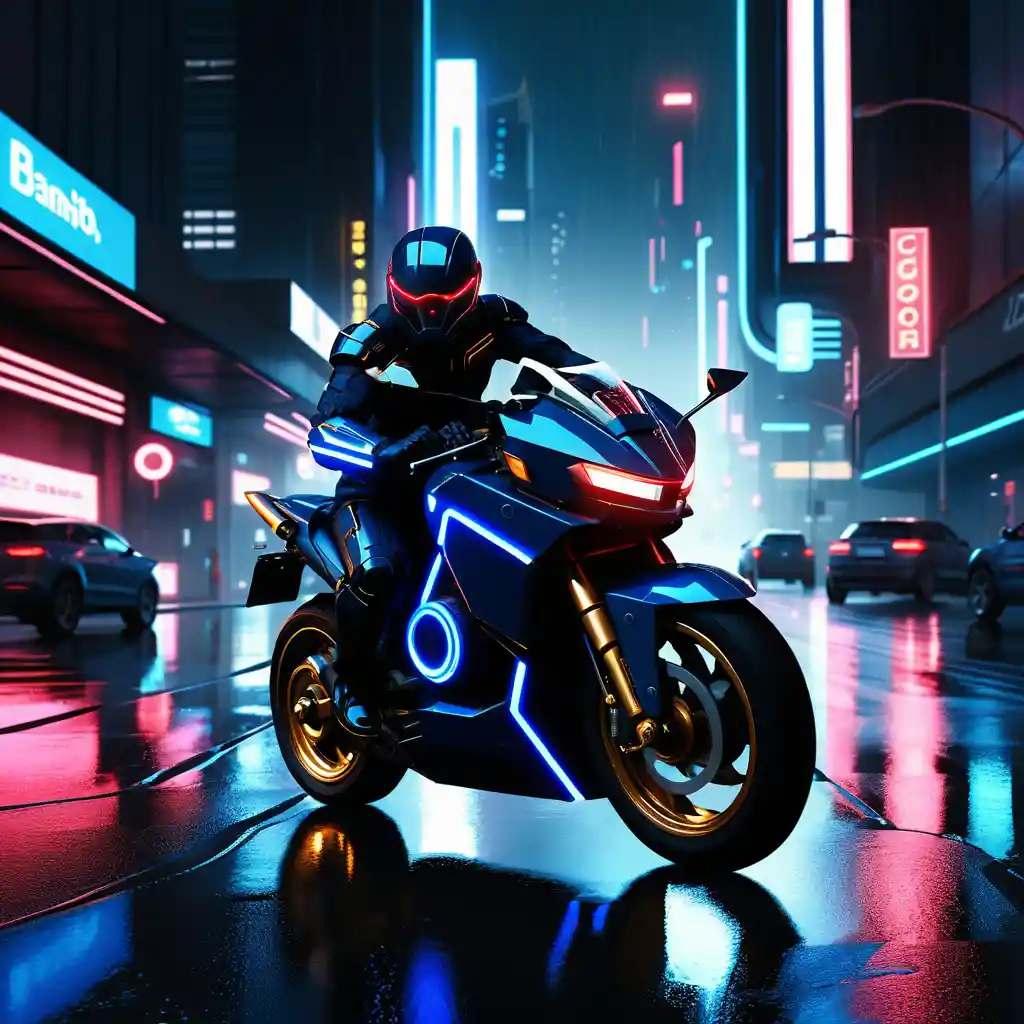 Motorcycle rider carving through neon futuristic city night