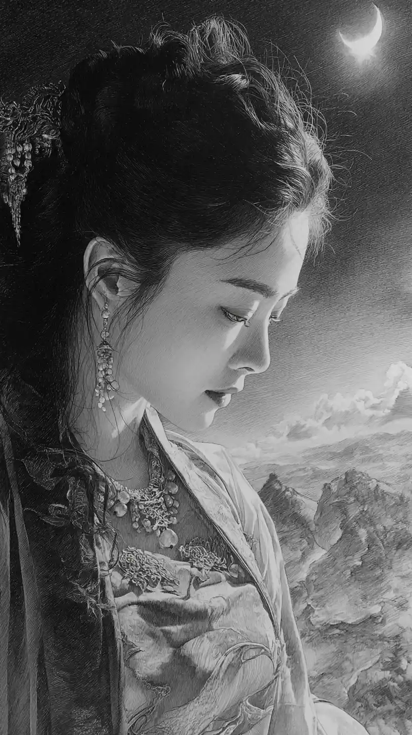 Melancholic woman in traditional dress under a distant moon