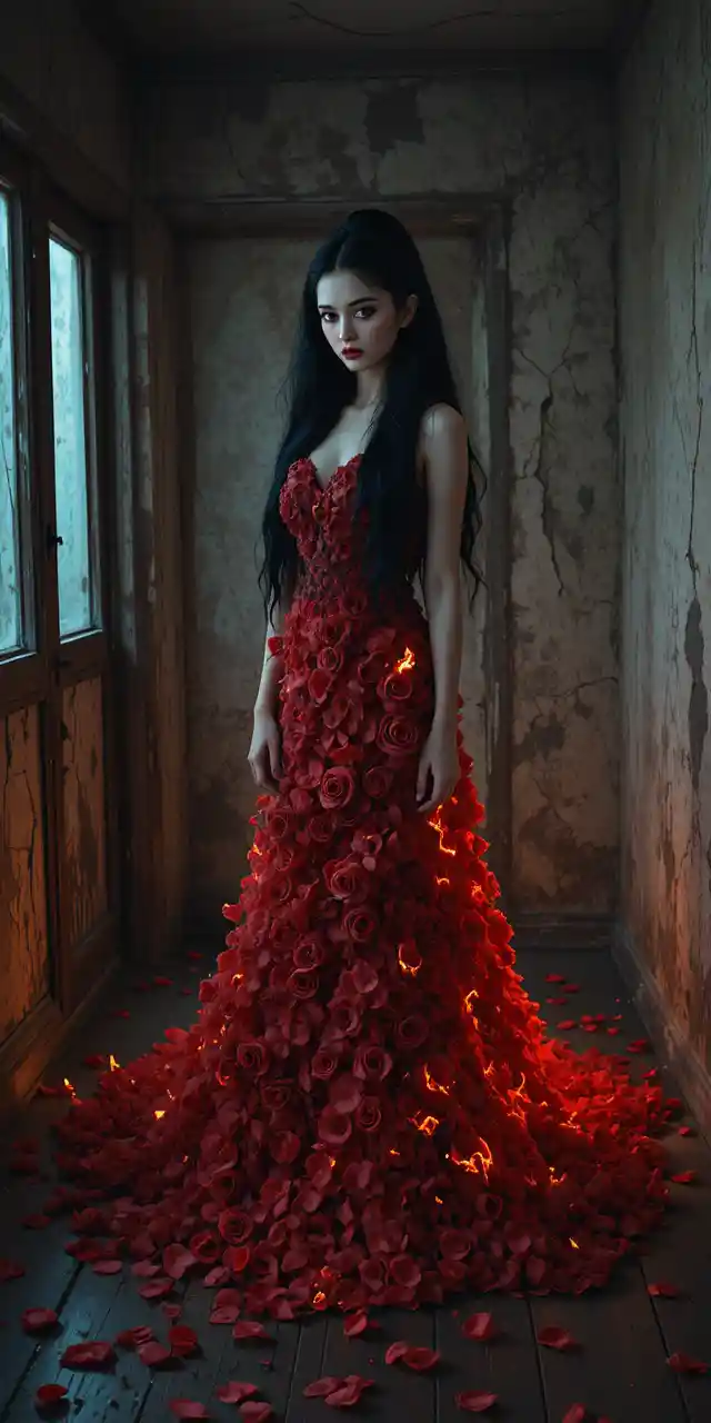 Eerie dark haired woman in a flaming red rose gown