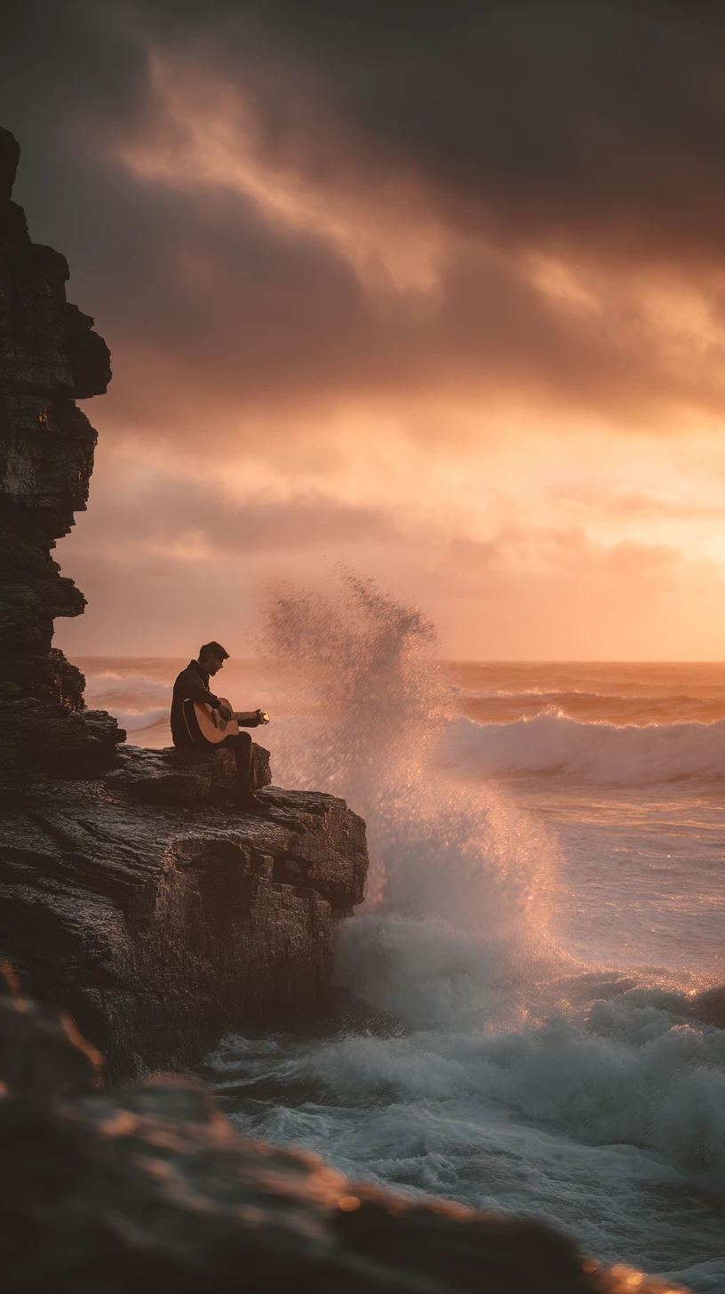 Man Playing Guitar On Rocks Beside A Stormy Ocean