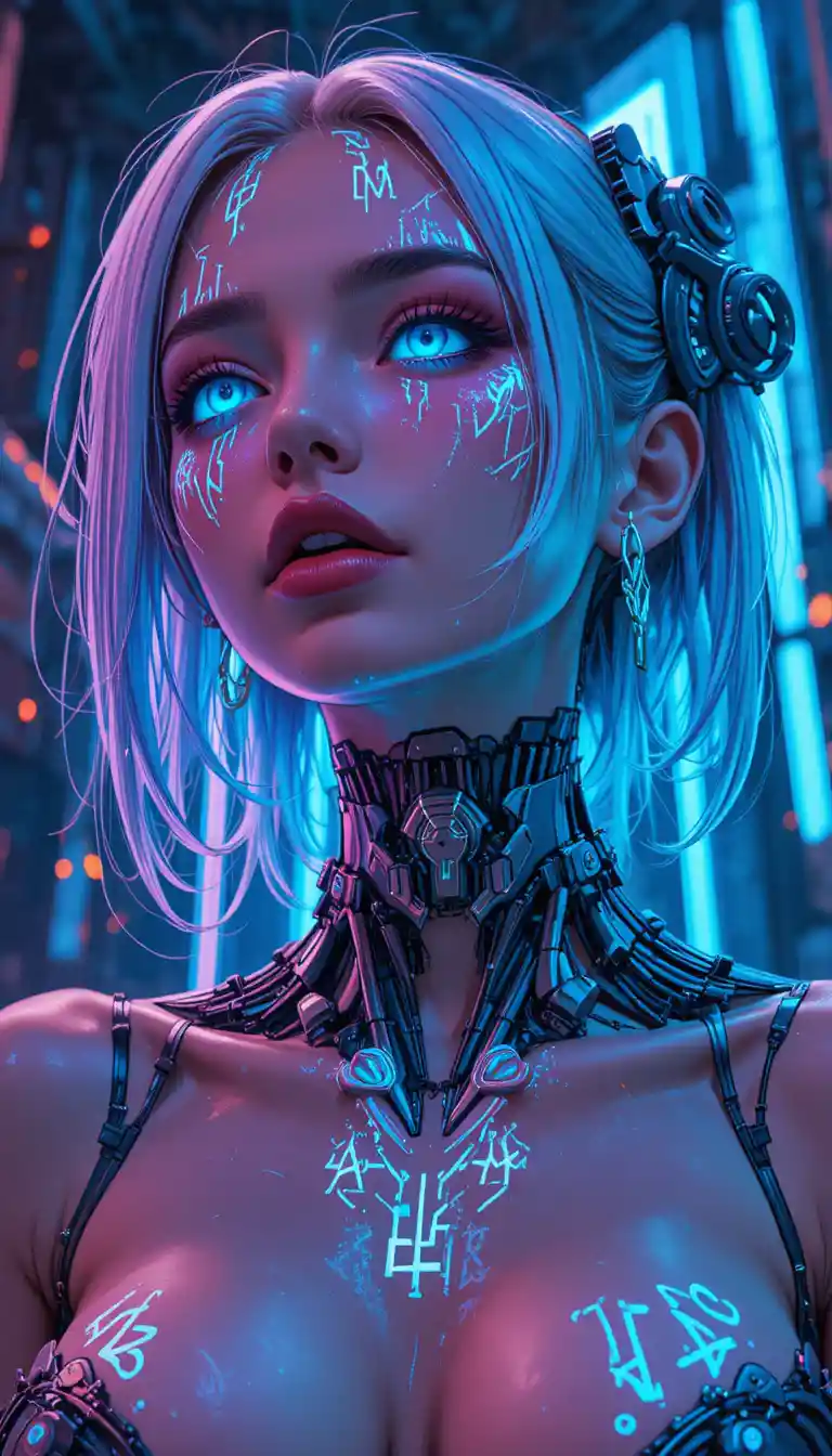Cyberpunk anime woman with biomechanical neck and neon runes