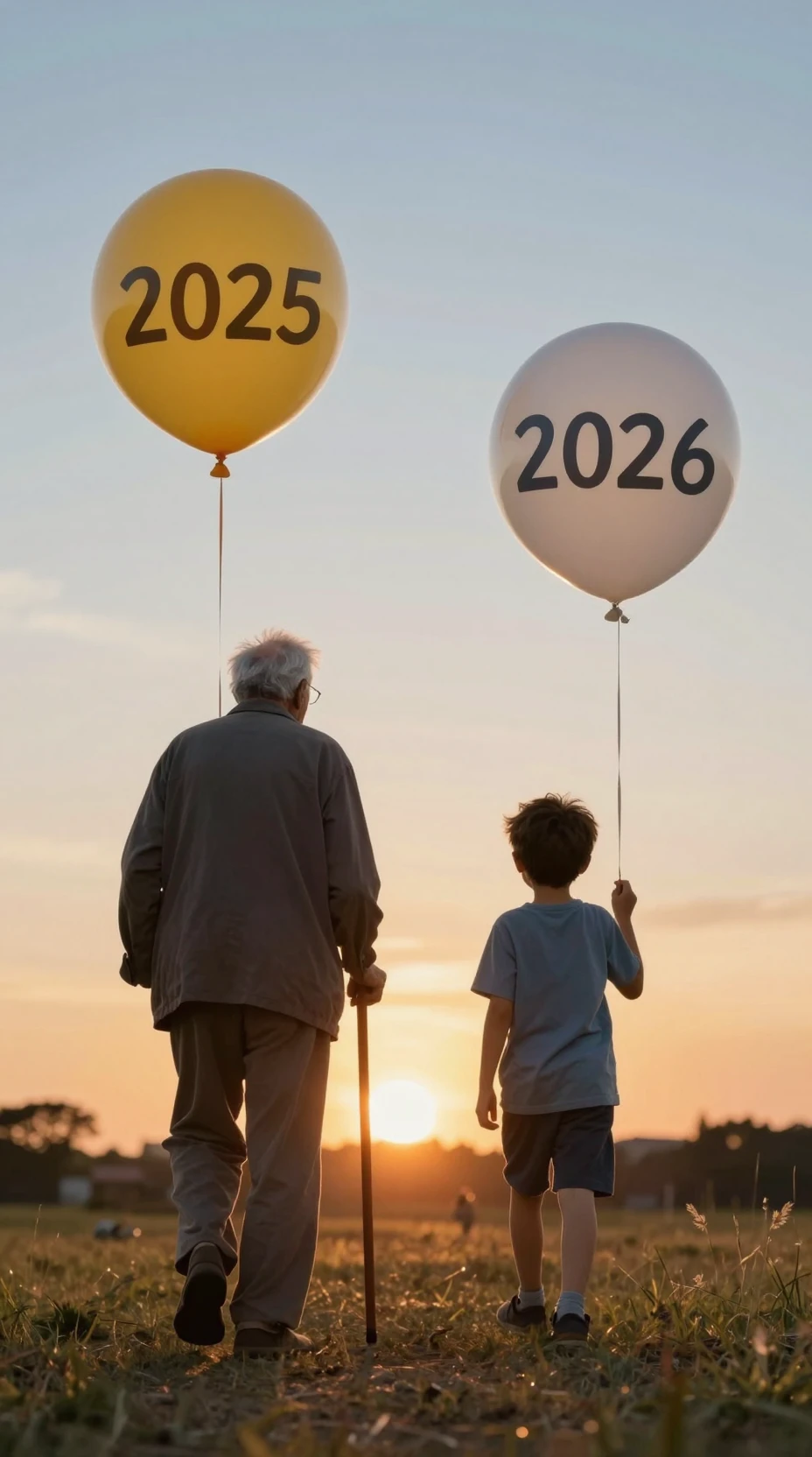 Vieil homme et jeune garçon marchant avec des ballons de chiffres d'année