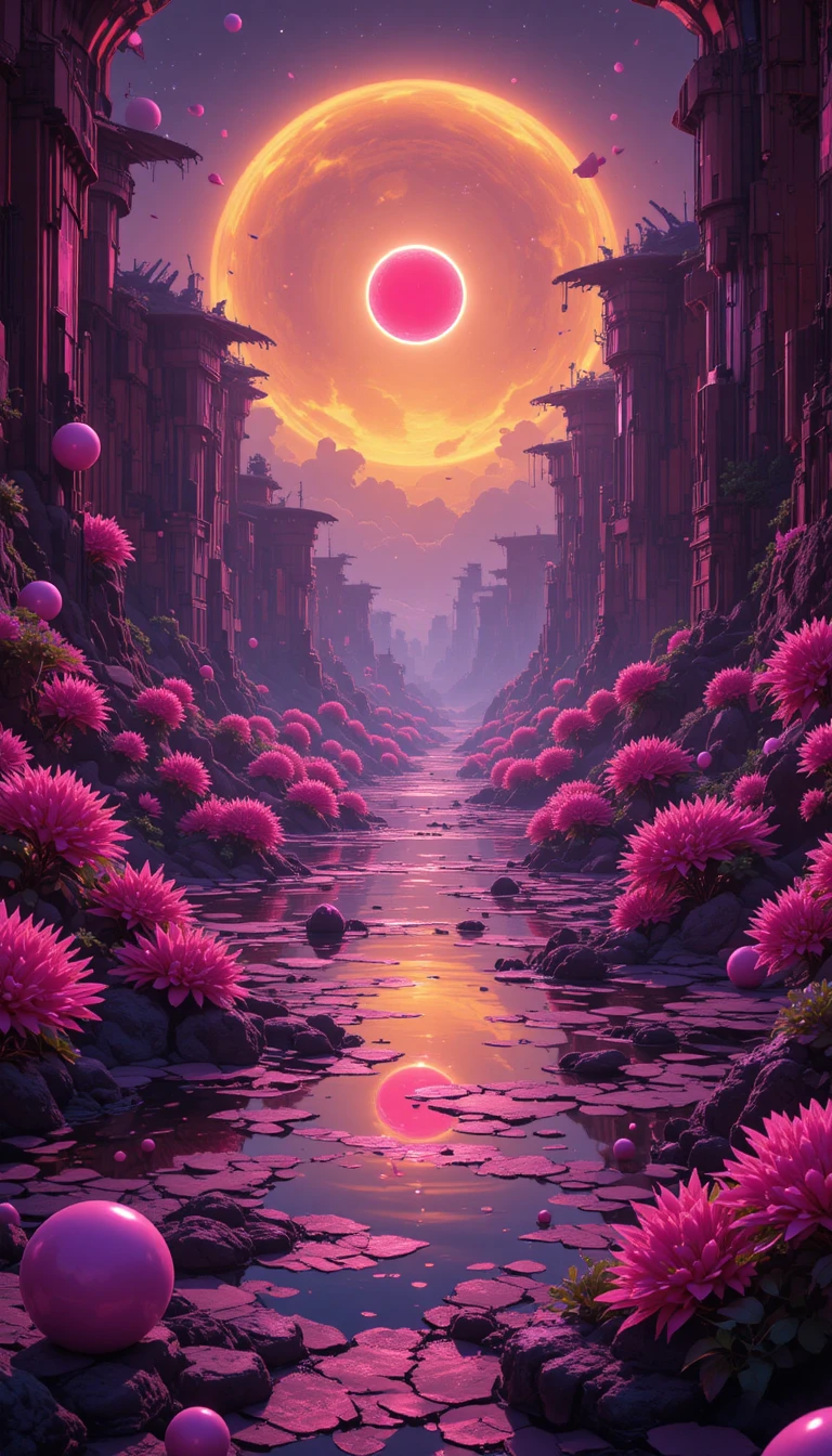 Surrealer Nil mit neonpinken und gelben Kugeln