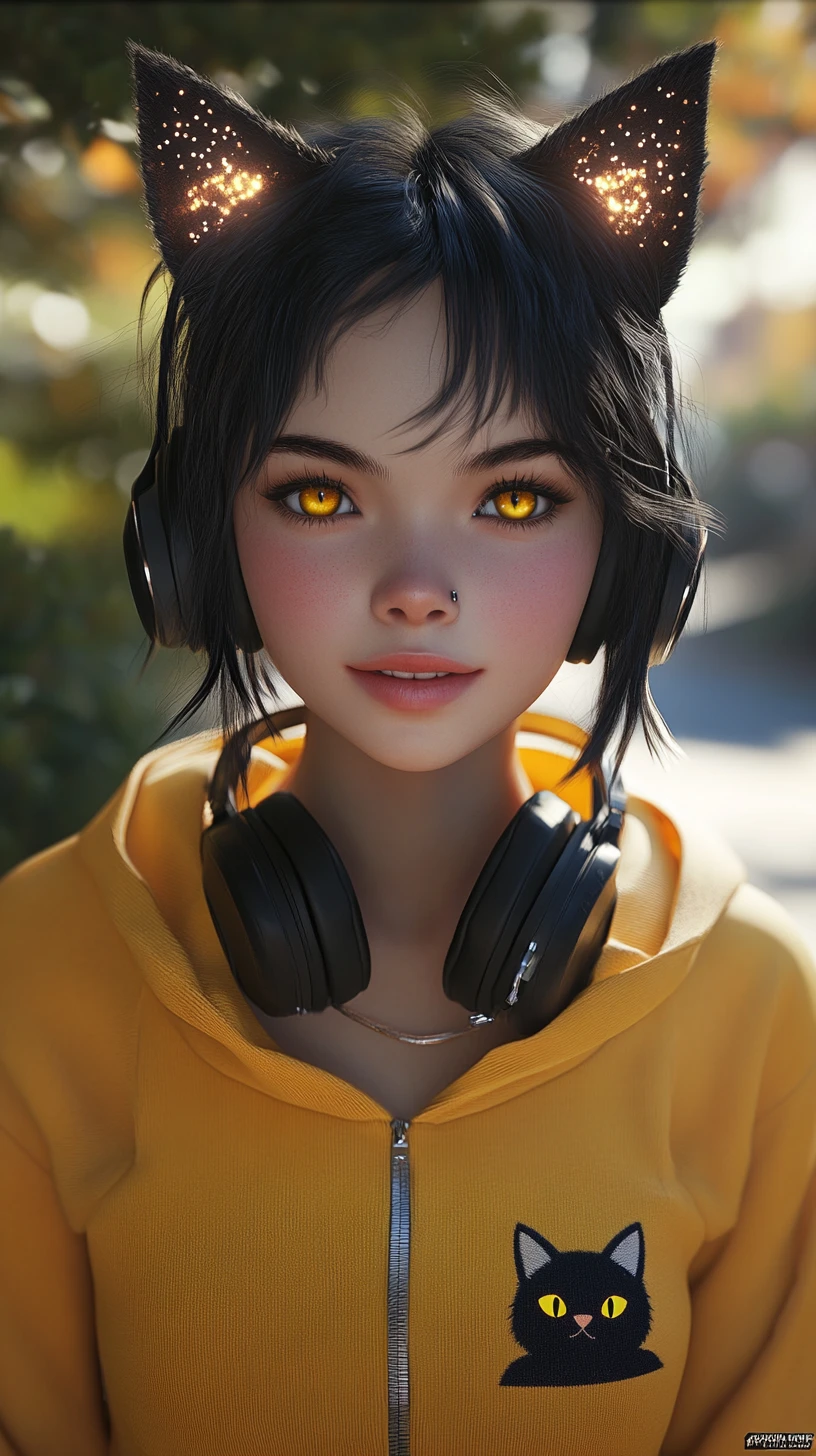 Ragazza anime sorridente con orecchie da gatto e occhi gialli