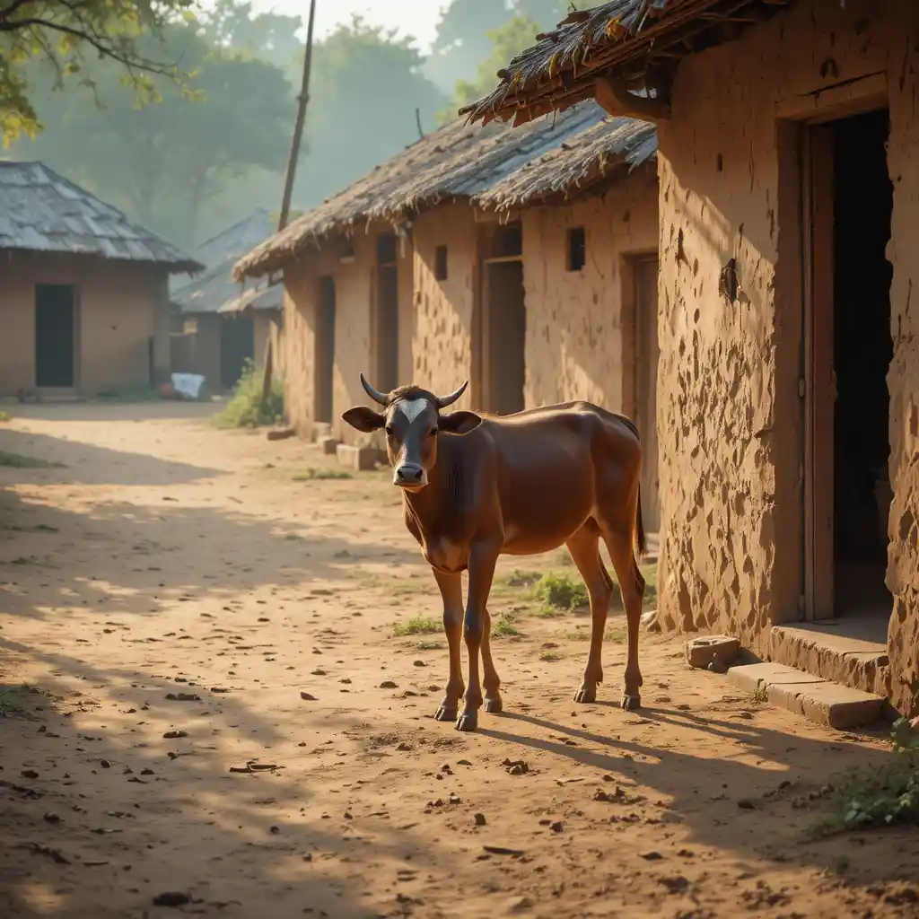 해뜨는 새벽 소와 송아지가 있는 평화로운 인도 마을