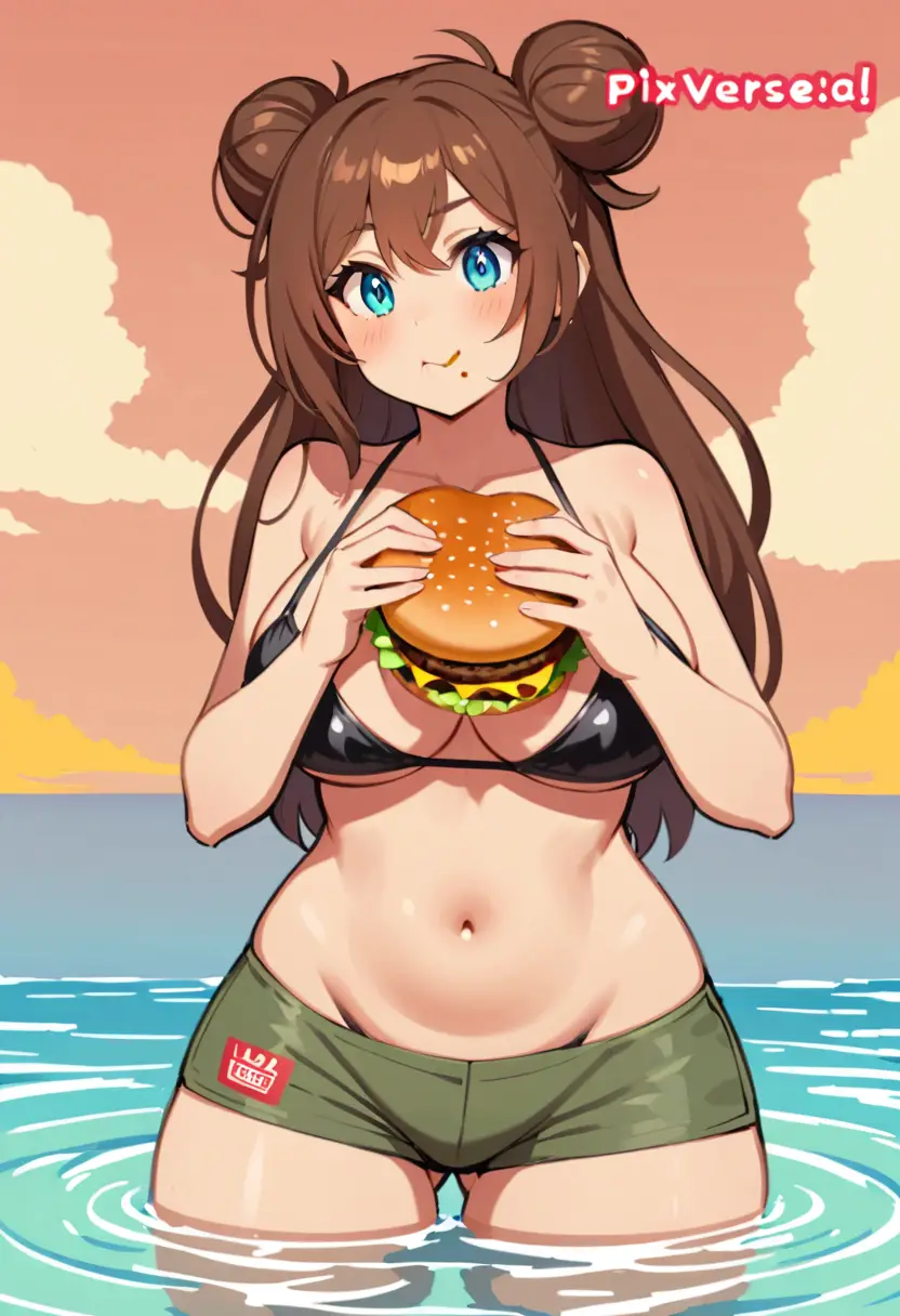 在海裡吃漢堡的黑色比基尼女子