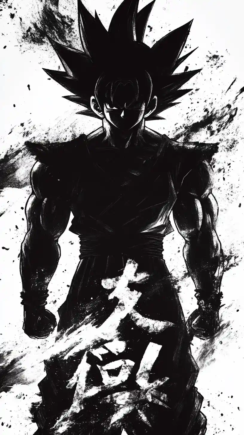 Guerrier d’anime en silhouette irradiant de puissance en noir et blanc saisissant
