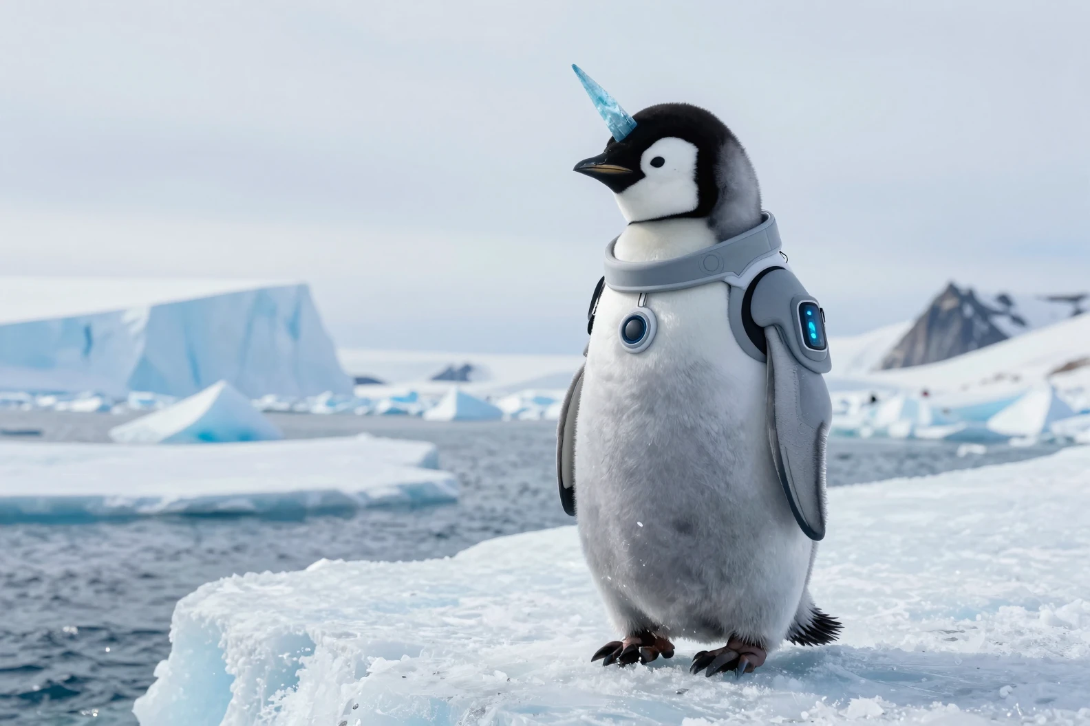 ナノスーツを着たペンギンのヒナユニコーンが北極の流氷に立つ