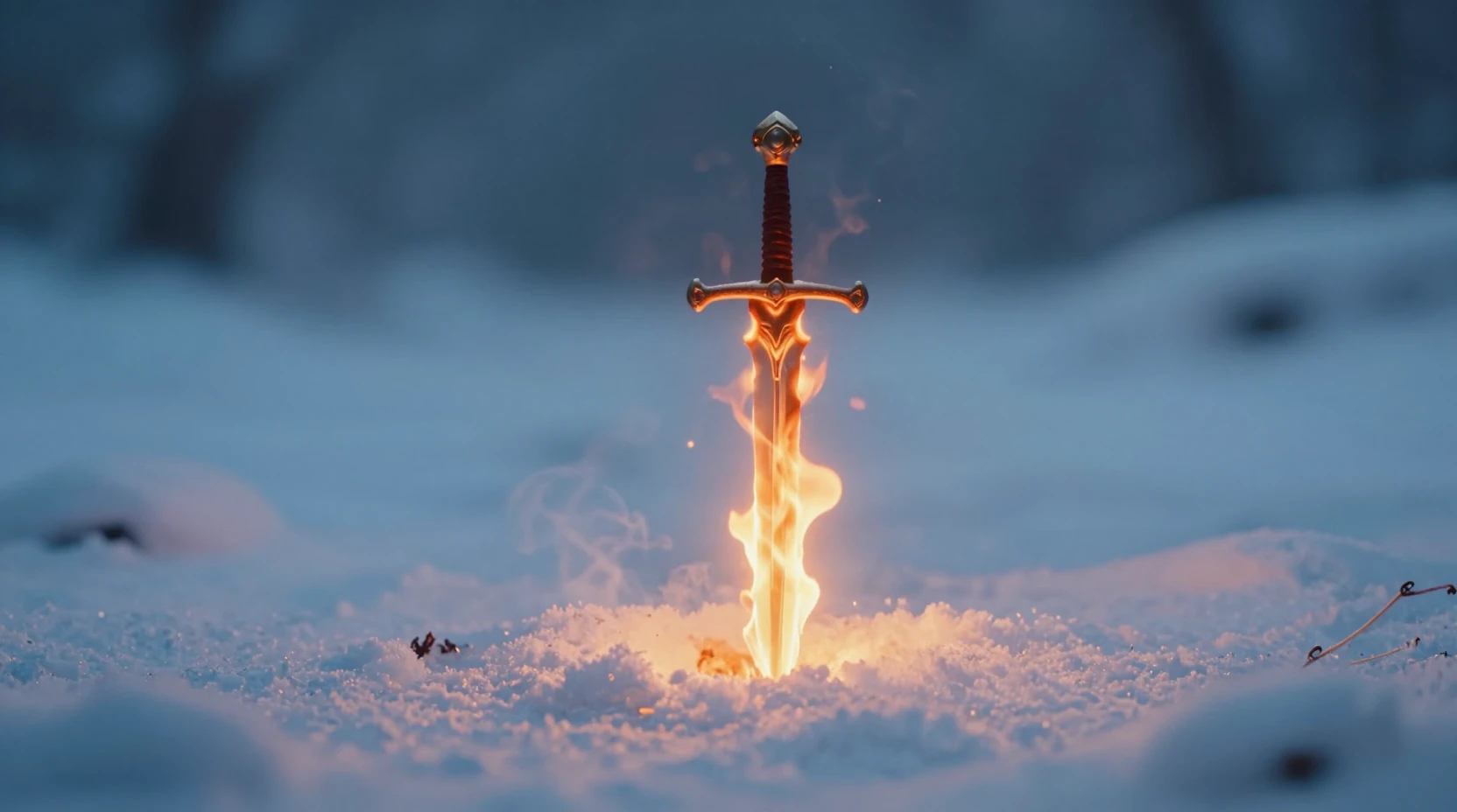 Espada llameante de pie en la nieve fresca de invierno al anochecer