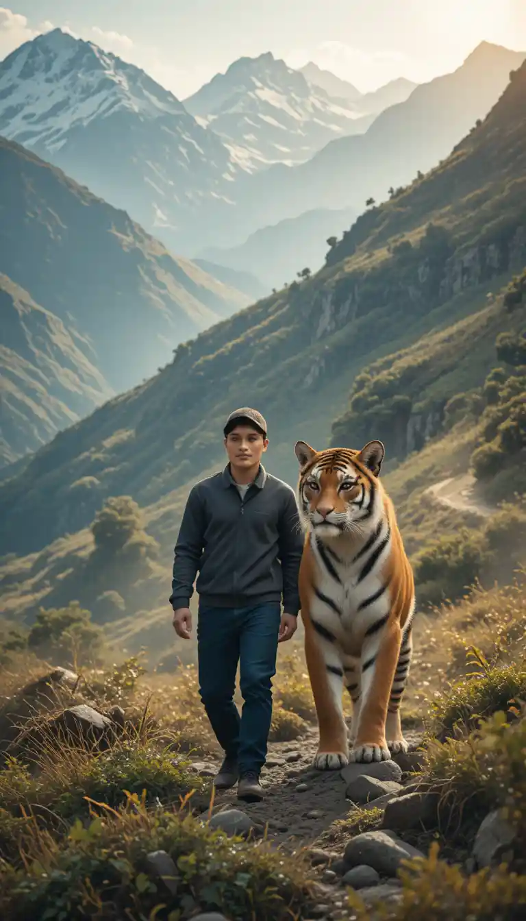 Homme Marchant aux Côtés d’un Tigre dans les Montagnes de l’Himalaya