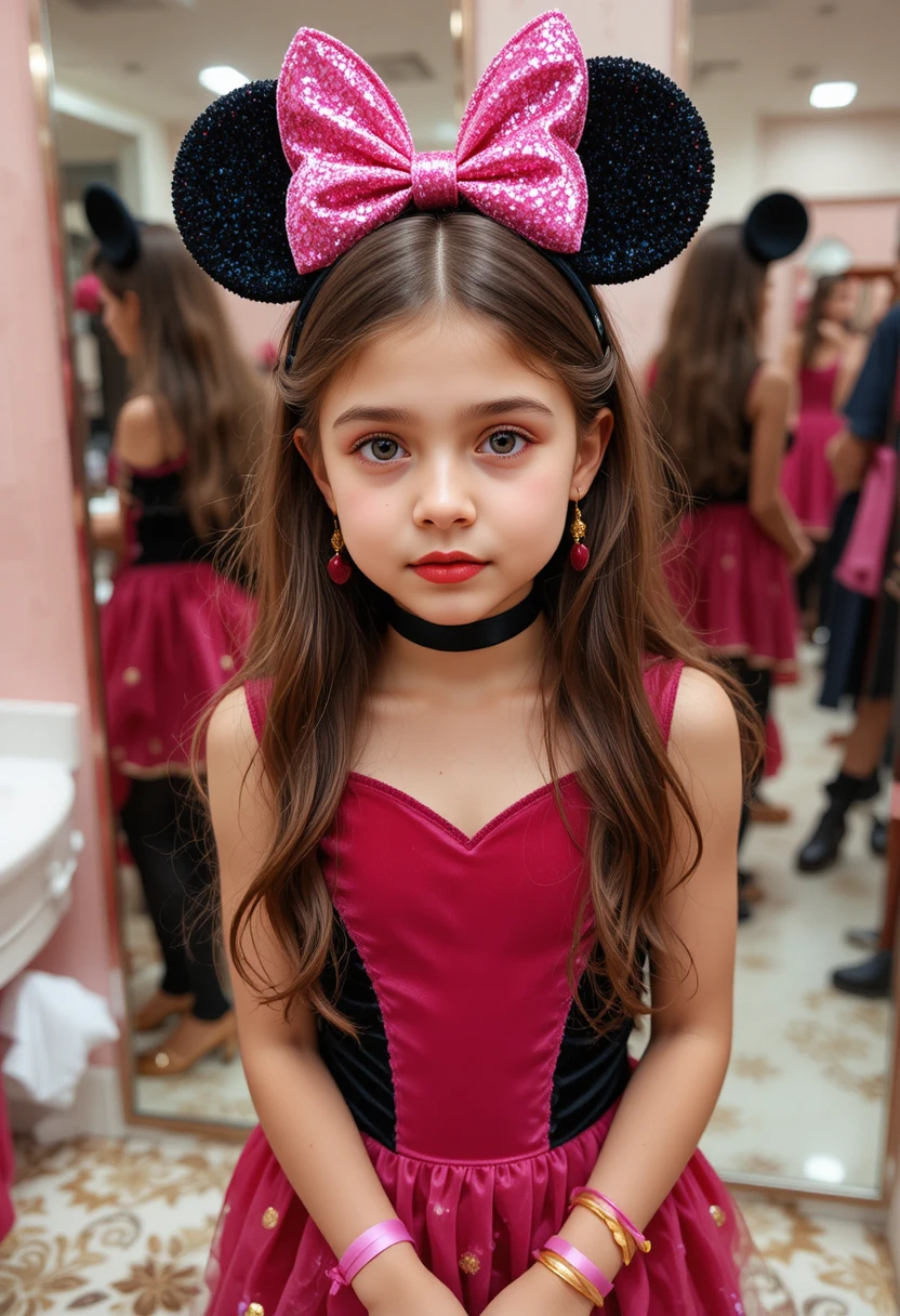 Tween boy dressed as a cute girl in Minnie Mouse outfit