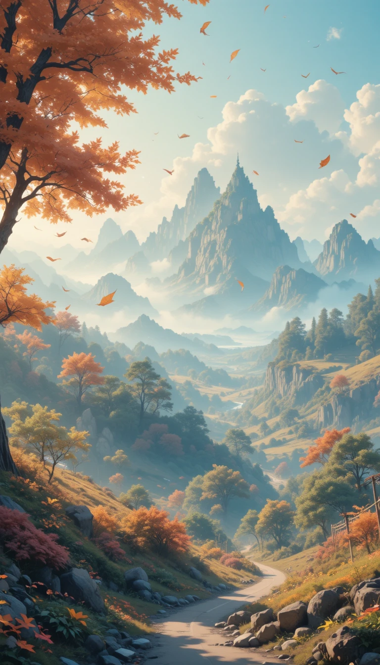 Whimsical pastel autumn countryside in soft dreamy light