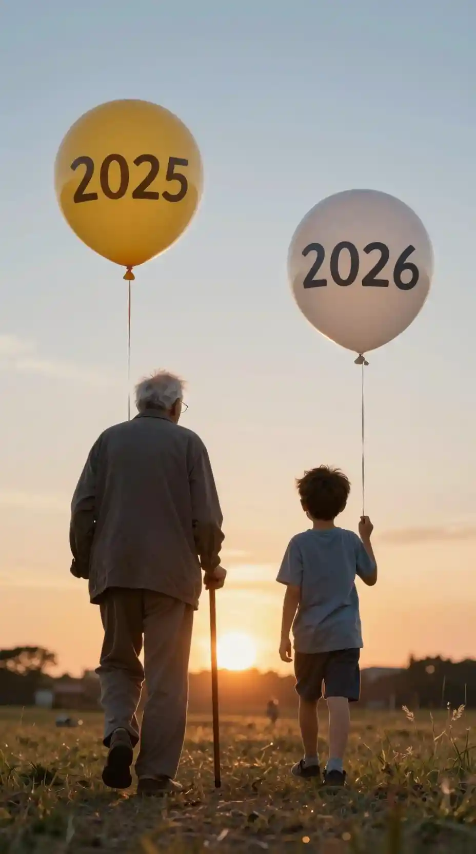 Alter Mann und junger Junge gehen mit Jahreszahlen-Luftballons