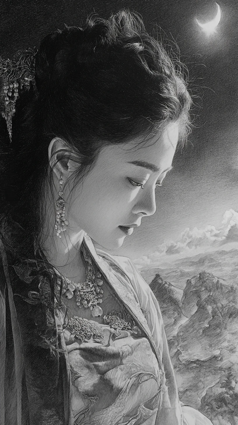 Melancholic woman in traditional dress under a distant moon