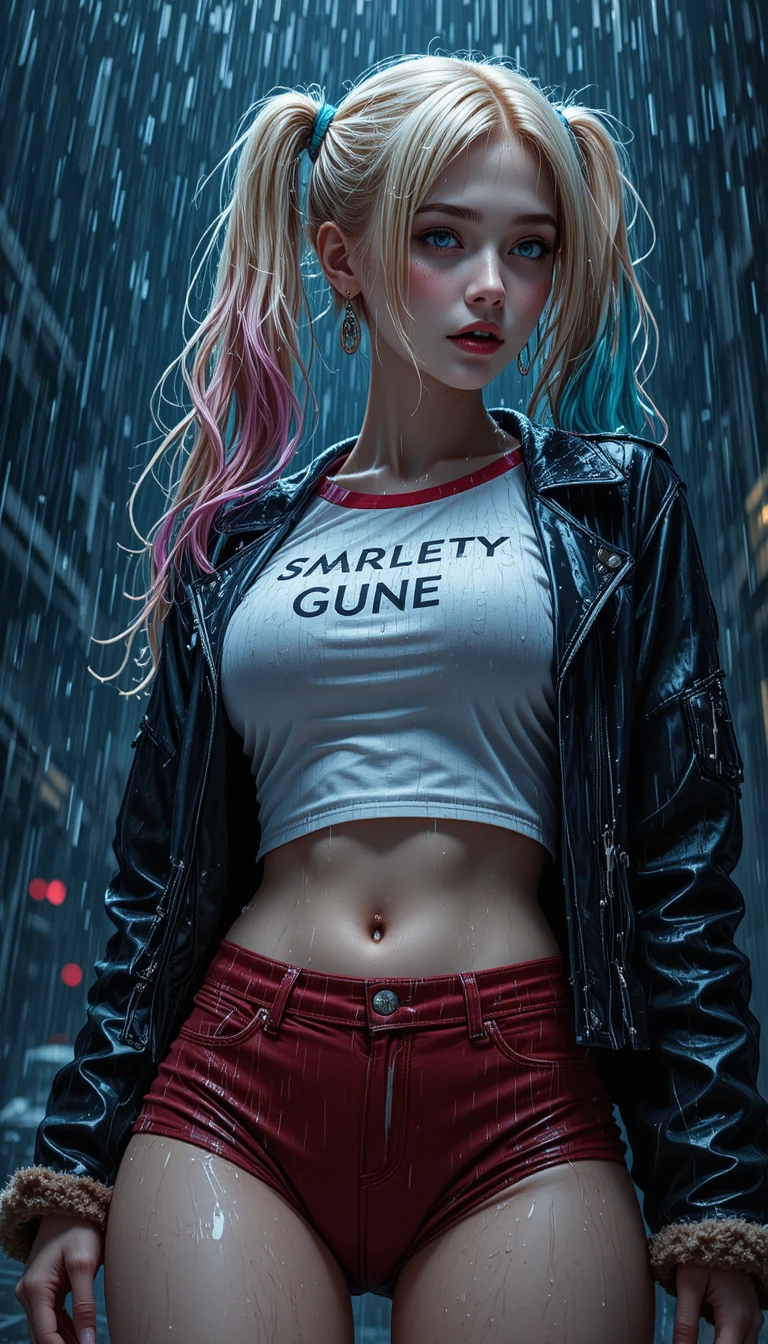 Anime woman in rain with wet leather jacket and pigtails