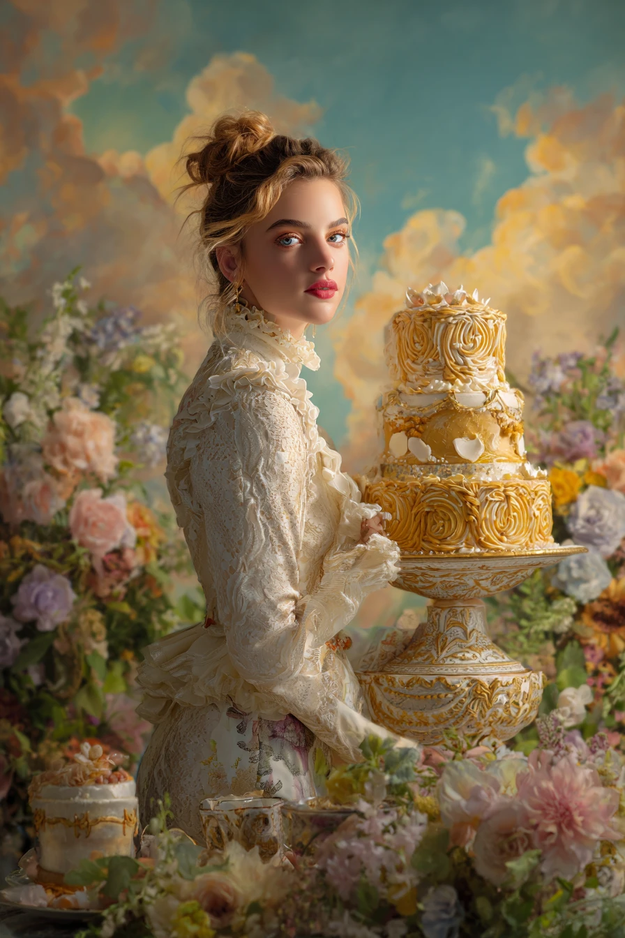 Woman With Ornate Tiered Cake In A Sunny Garden Setting