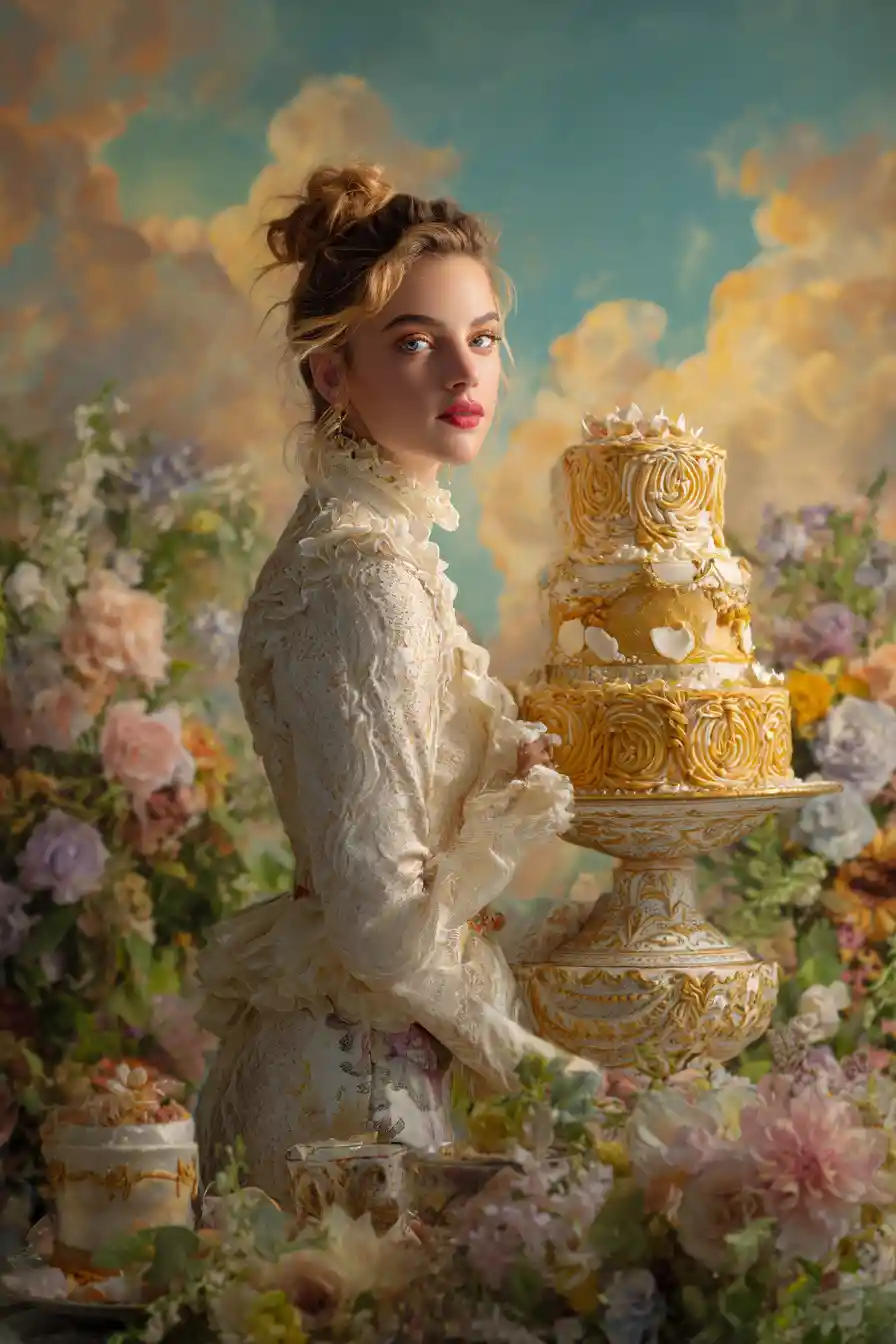 Woman With Ornate Tiered Cake In A Sunny Garden Setting