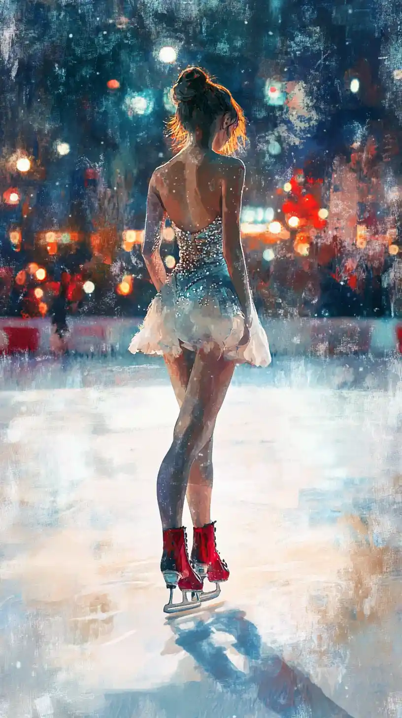 Elegant young skater in a painterly digital rink scene