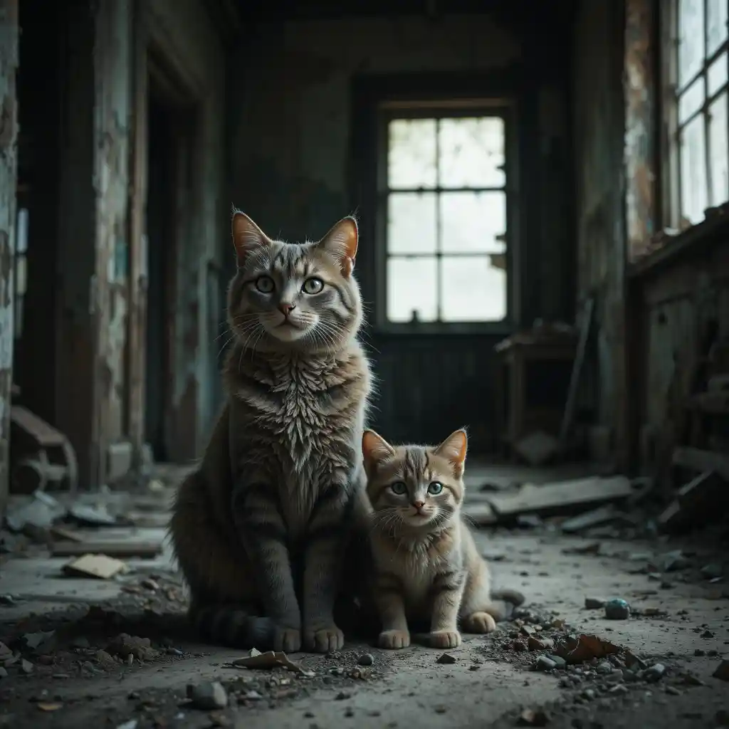 Two sad cats resting together in an abandoned house