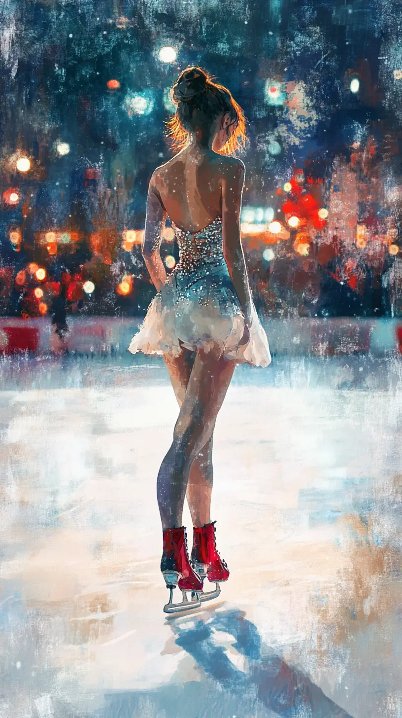 Elegant young skater in a painterly digital rink scene