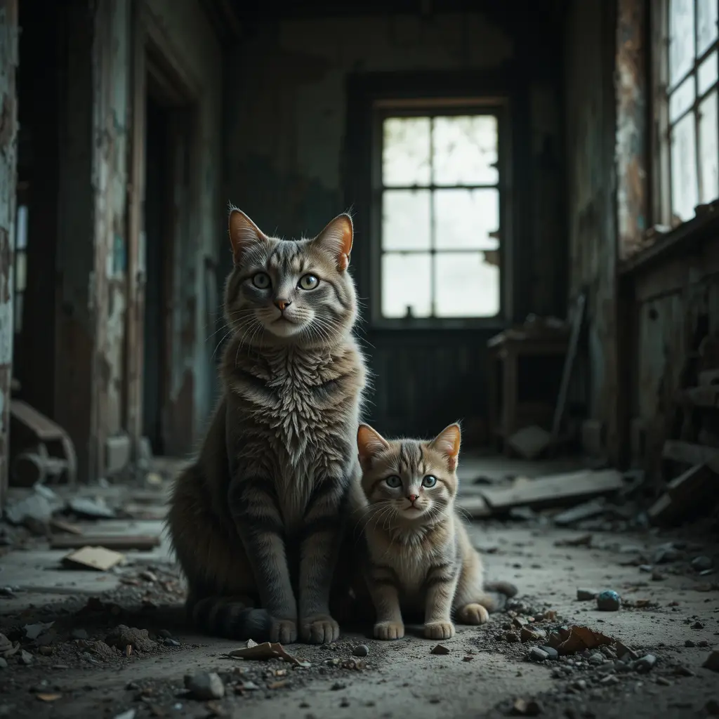 Two sad cats resting together in an abandoned house