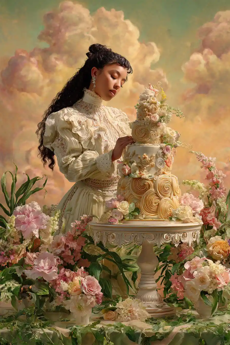 Woman with ornate cake stand in a sunny garden