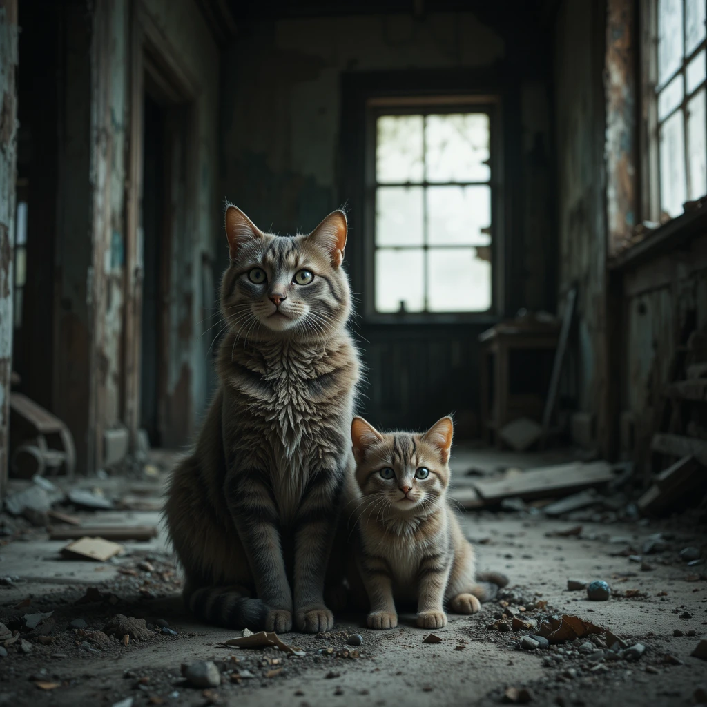 Two sad cats resting together in an abandoned house