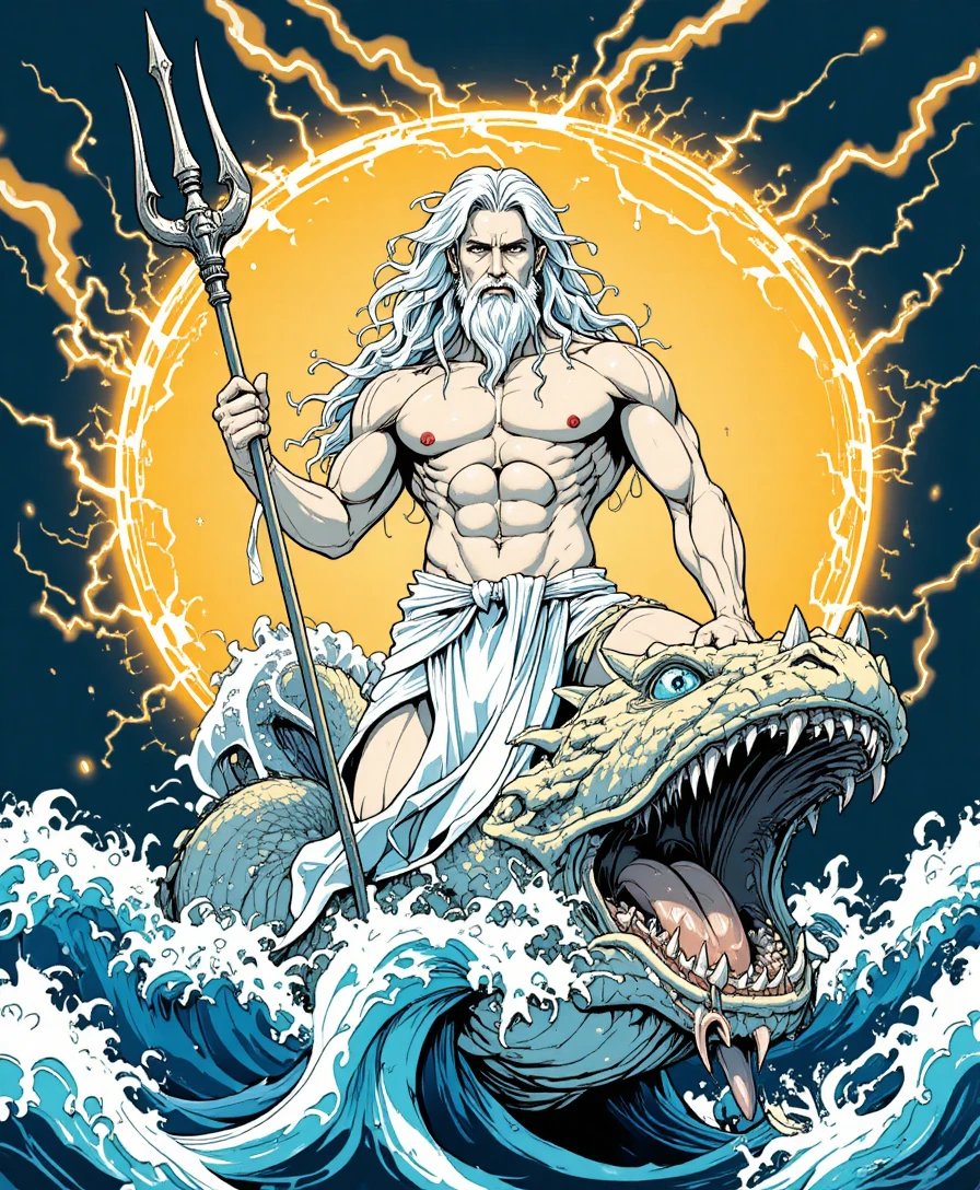 Mythic sea god with trident atop raging dragon waves