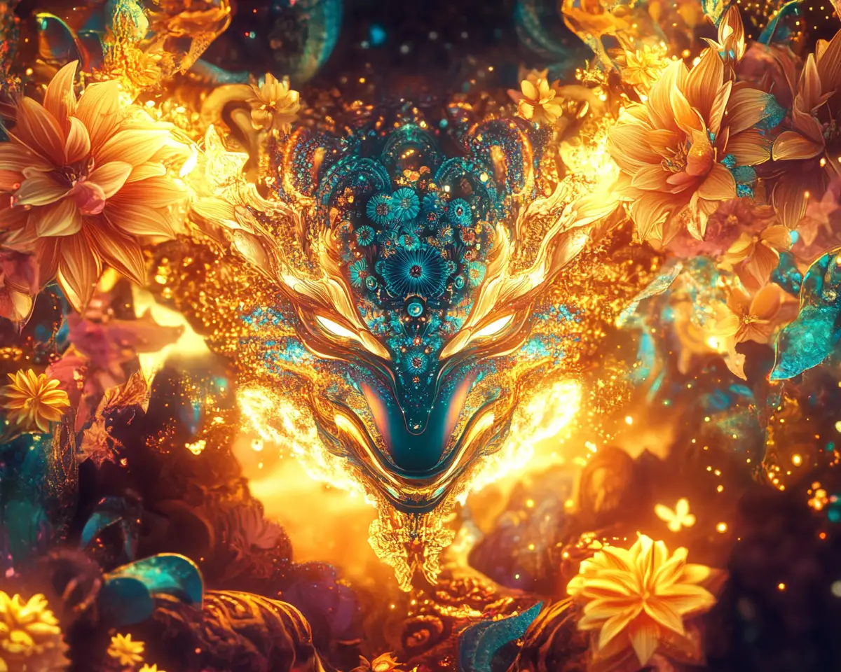 Colorful floral dolphin head in glowing fantasy art