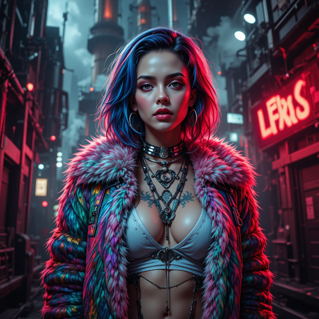 Donna stilosa in un ritratto urbano cyberpunk industriale