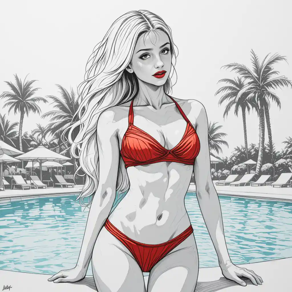 Blonde woman in red bikini relaxing by sunny pool