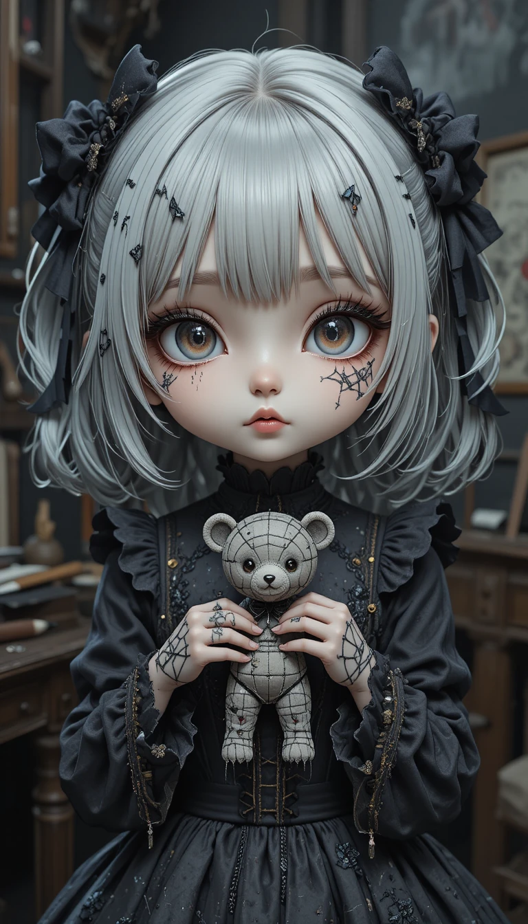 Gotisches Anime-Mädchen mit Voodoo-Bär im Skizzenstudio