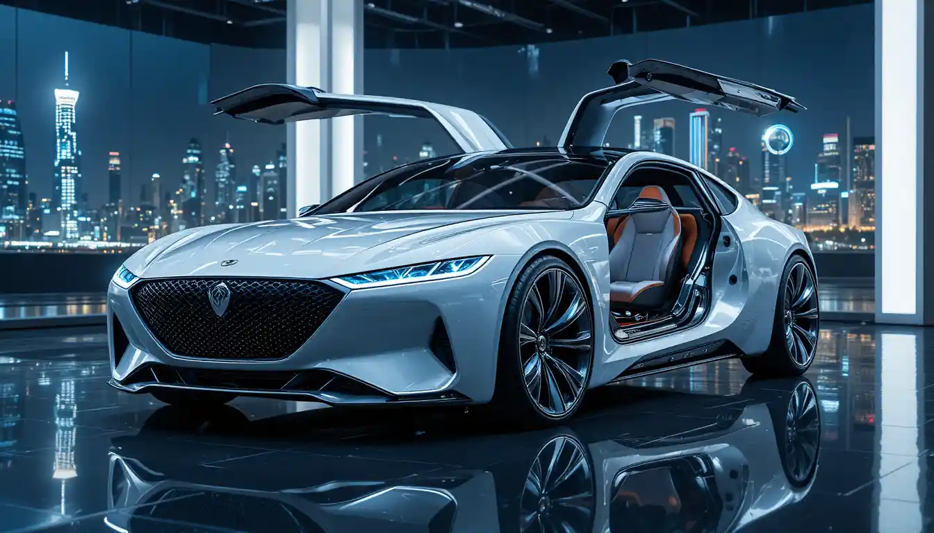 Futuristic luxury electric sedan in a modern city showroom