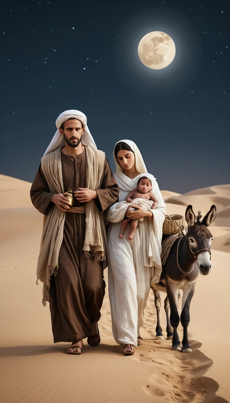Sacra Famiglia che Cammina alla Luce di una Lanterna nella Notte del Deserto