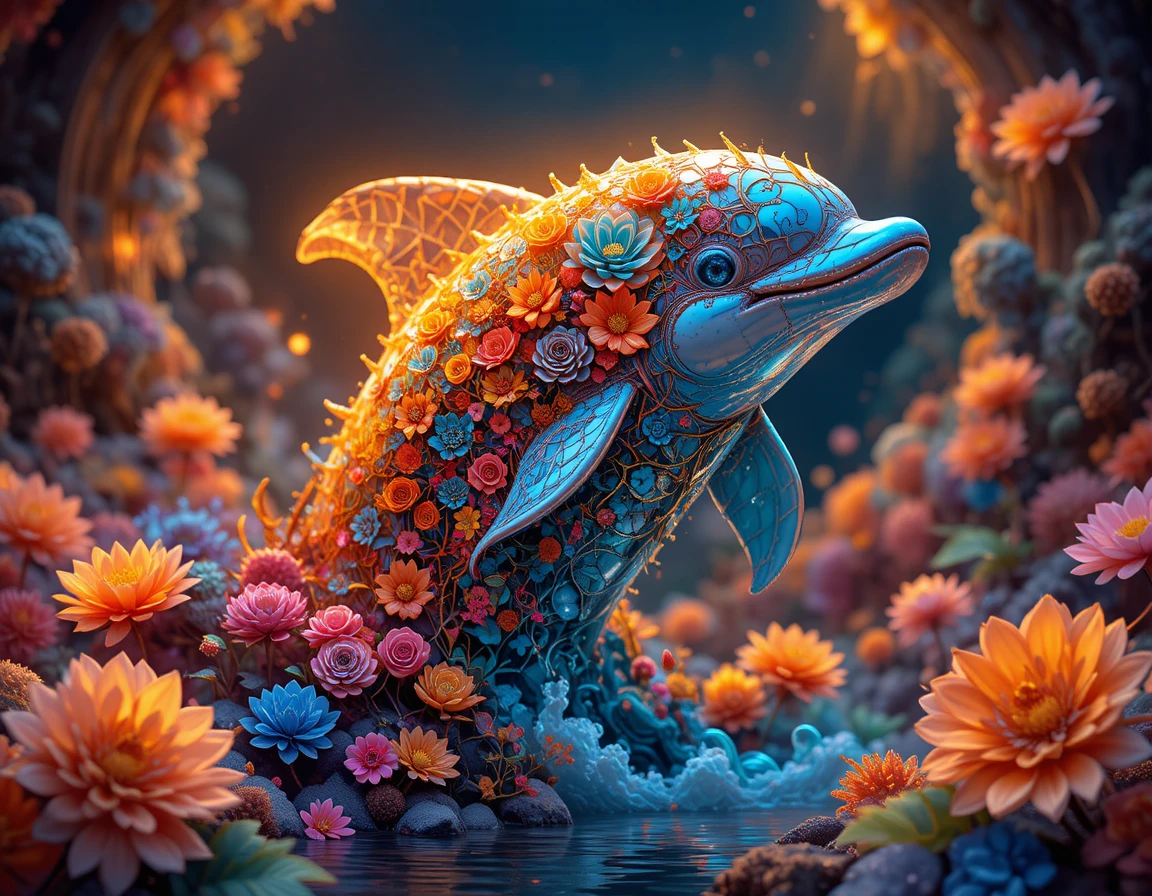 Colorful floral dolphin portrait with glowing fractal background