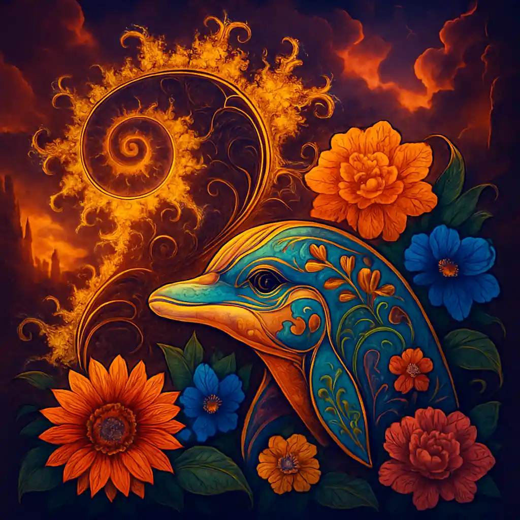Florales Mandala-Delfinkopf in leuchtender fantastischer Fraktalszene