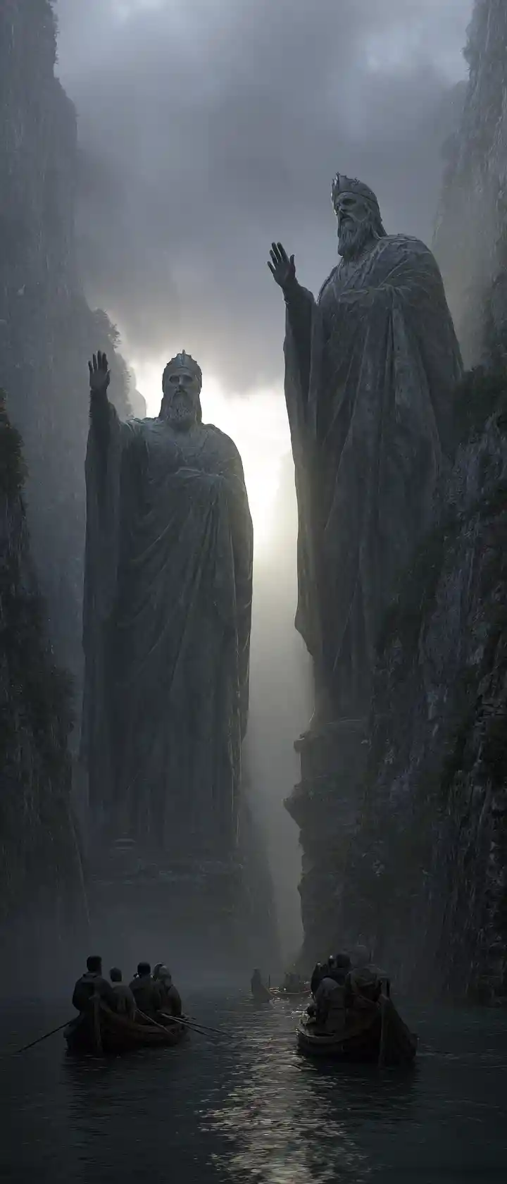 Colossal stone guardians towering over a narrow sea passage