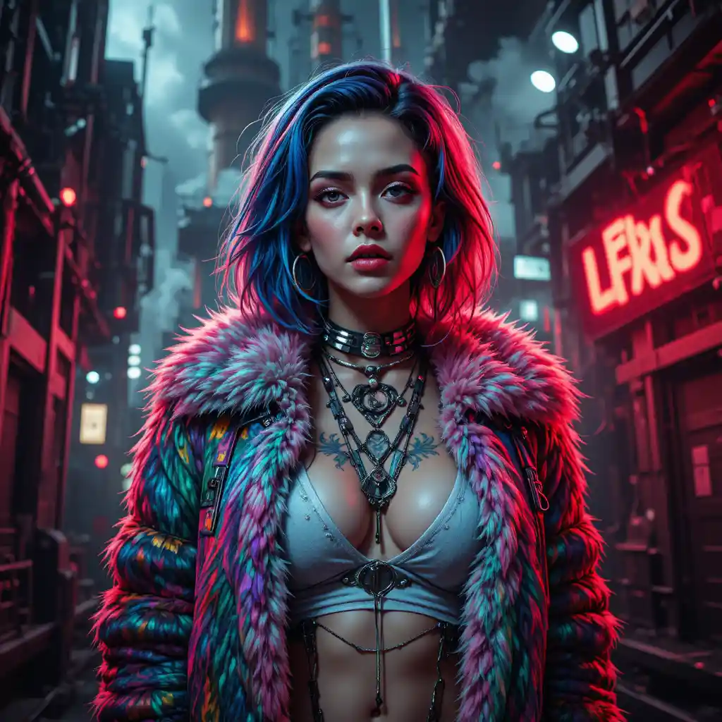 Stilvolle Frau im industriellen Cyberpunk-Stadtporträt