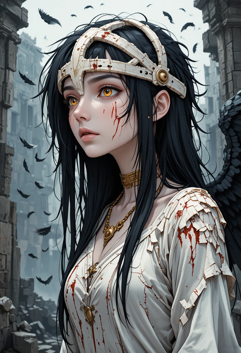 Anime winged woman in ruins with bloodstained white bone halo