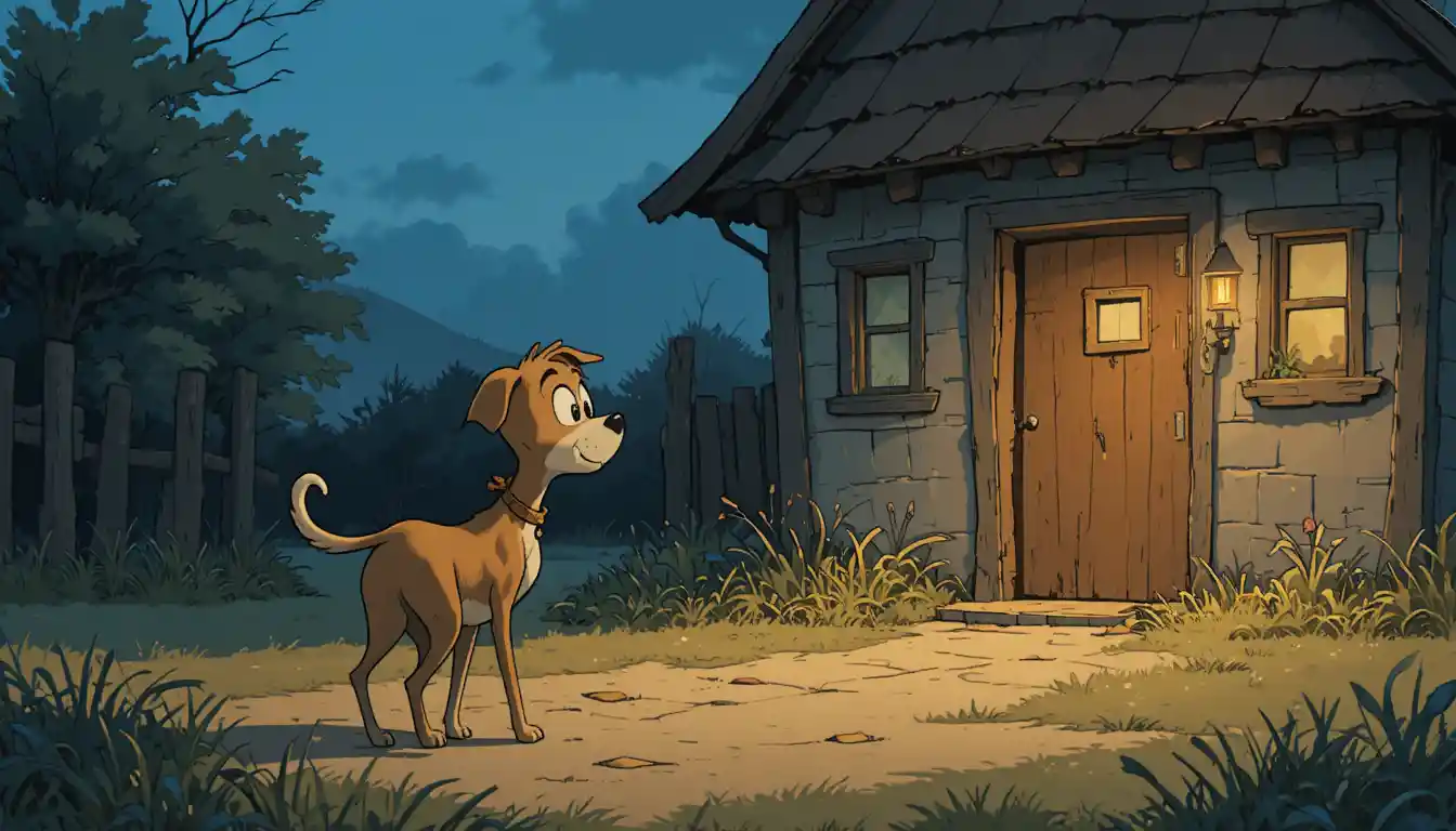 Hungry stray dog approaching a small warm lit house