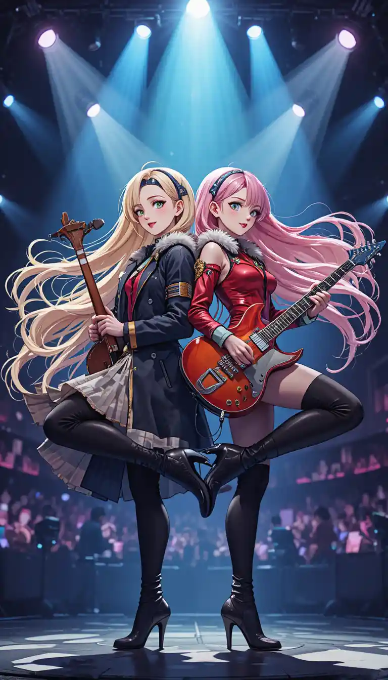 Anime girls playing electric guitar on a live stage