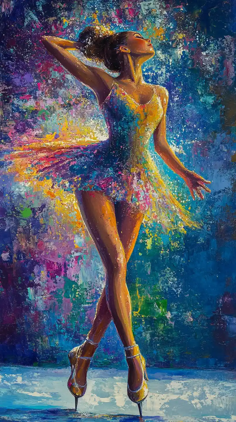 Elegant skater in glowing acrylic painting on ice rink