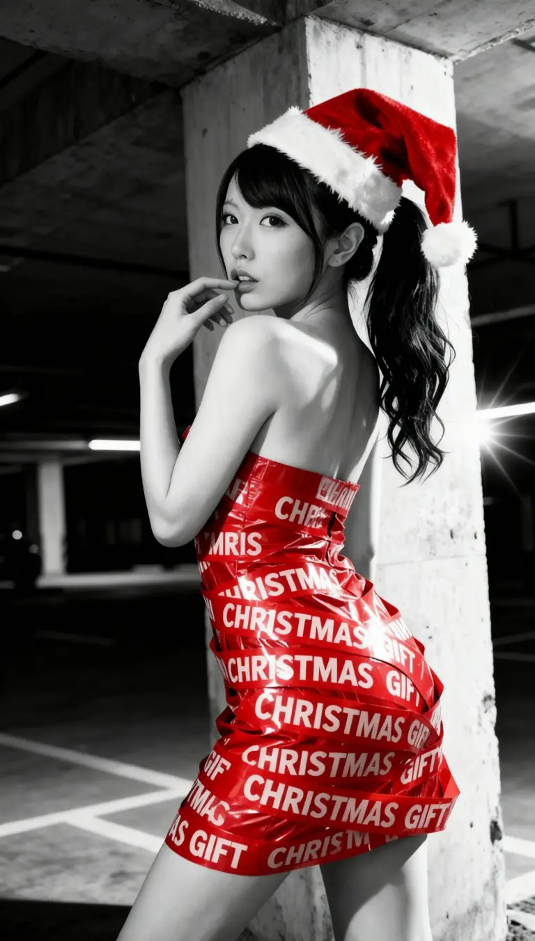 Japanese woman in red tape dress in parking garage