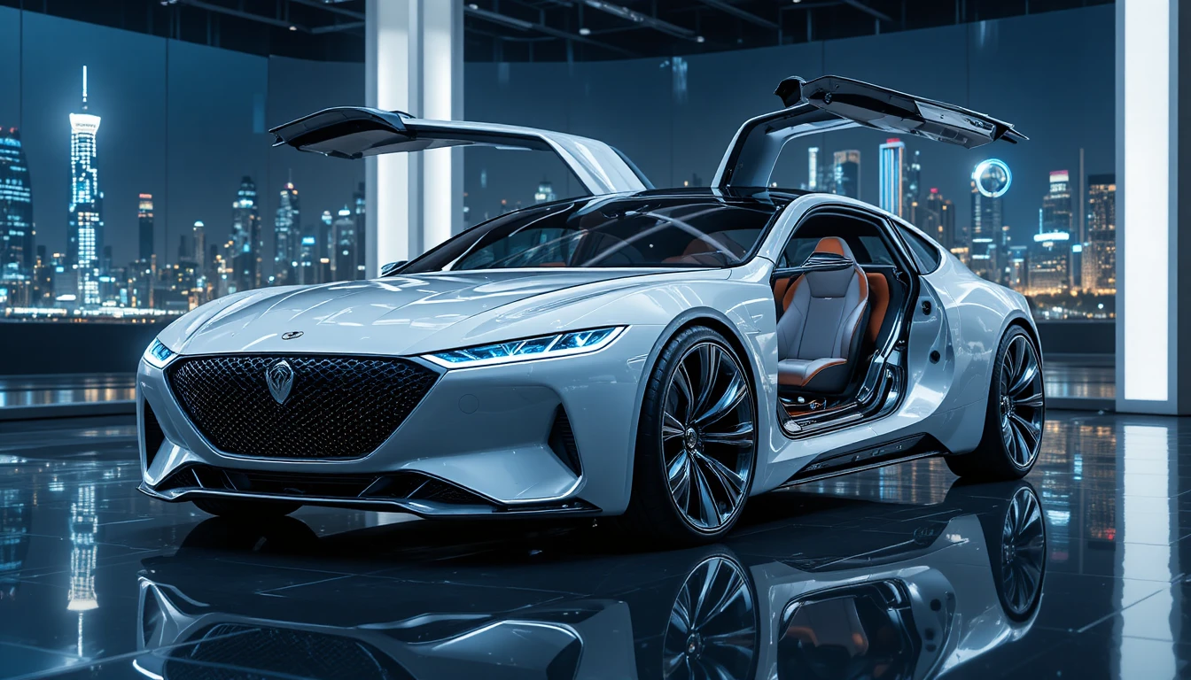 Futuristische luxuriöse Elektro-Limousine im modernen Stadtautohaus