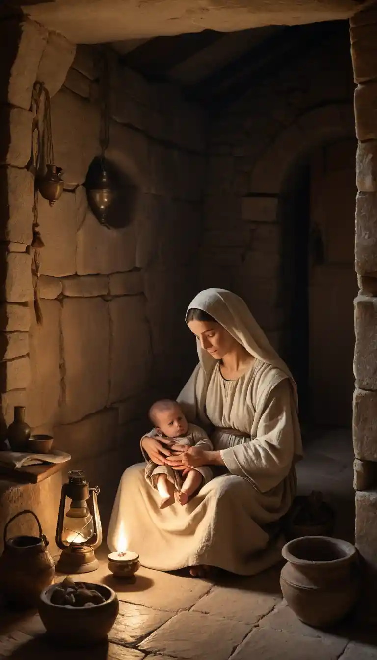Mary holding infant Jesus in a humble Judean home