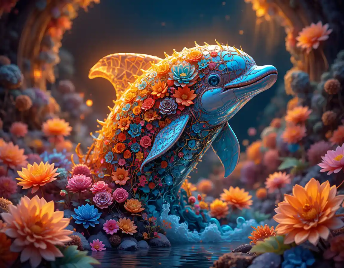 Buntes florales Delfin-Porträt mit leuchtendem Fraktal-Hintergrund
