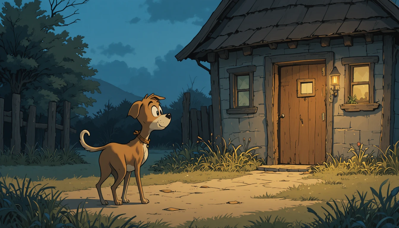 Hungry stray dog approaching a small warm lit house