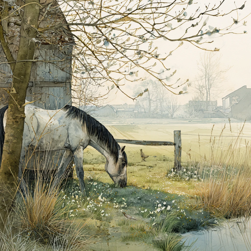 Wanderer Arrives At Quiet Spring Meadow By Village Edge