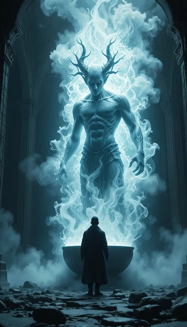 Majestic djinn emerging from ancient mist filled container