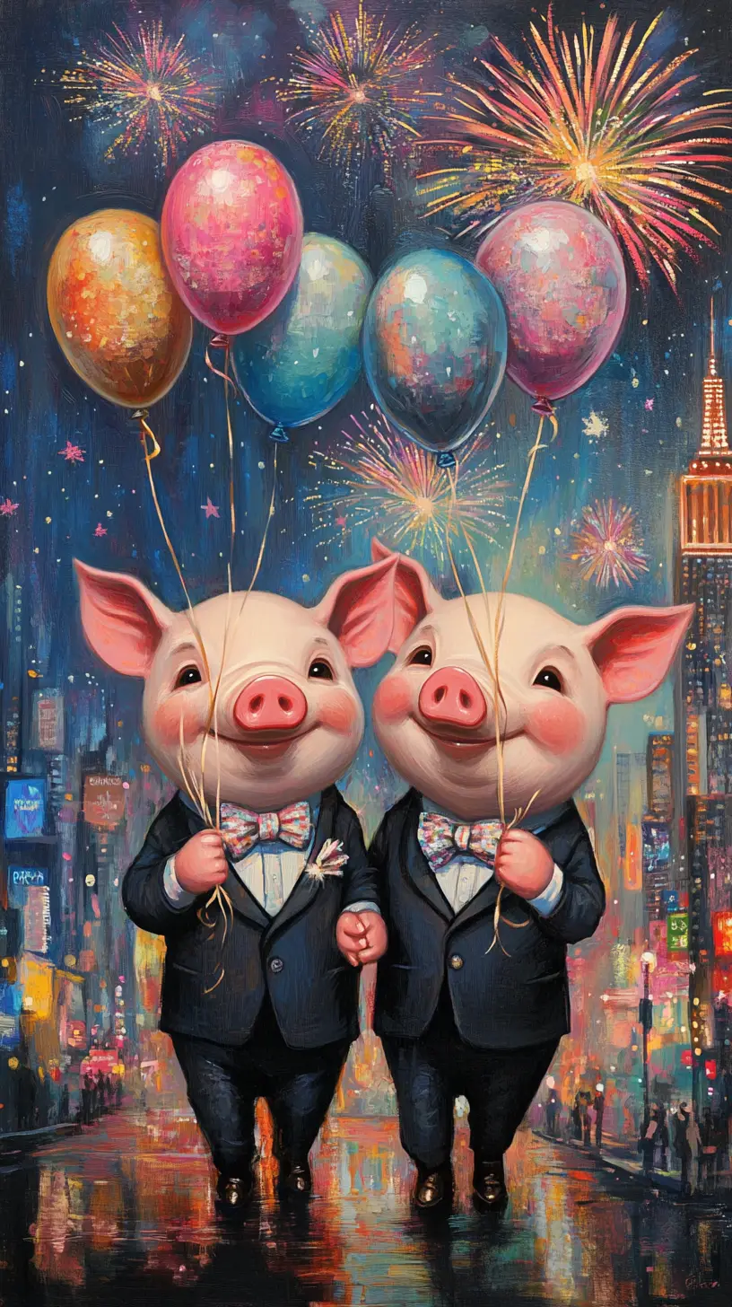 Süße Ferkel im Anzug mit Ballons und Stadtfeuerwerk